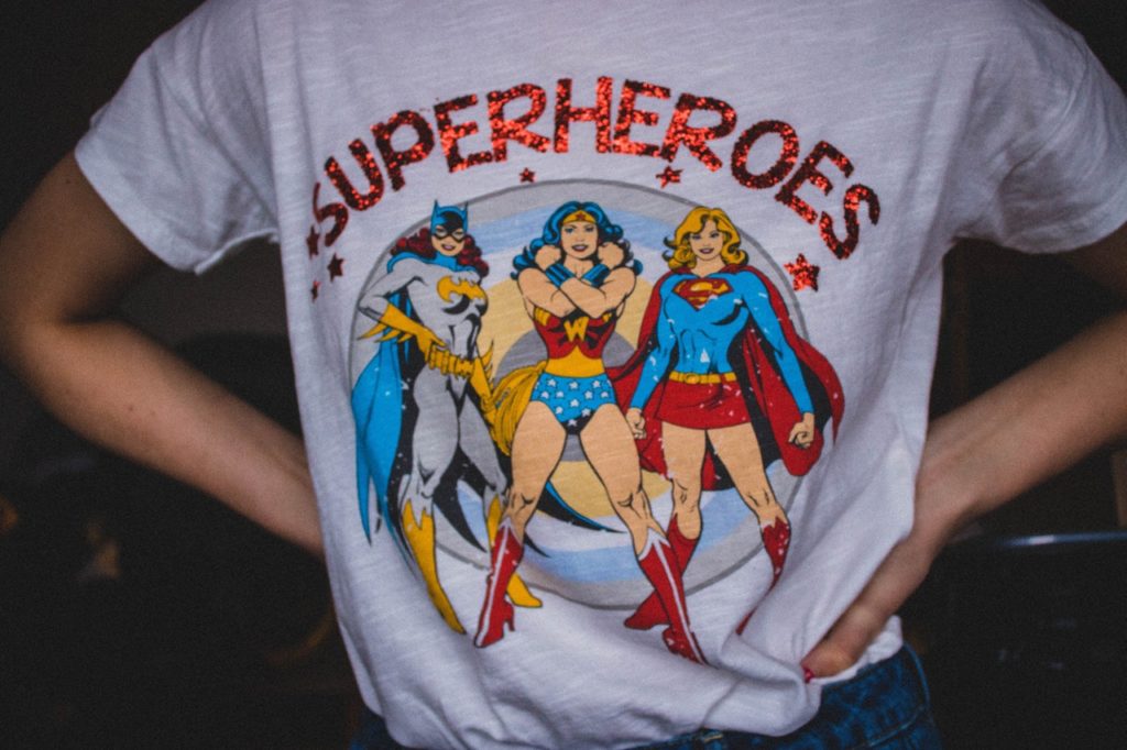 white t-shirt with superhero picture